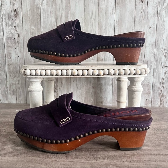 Michael Kors Plum Purple Suede Studded Wooden Clogs Size 7 - Picture 1 of 9